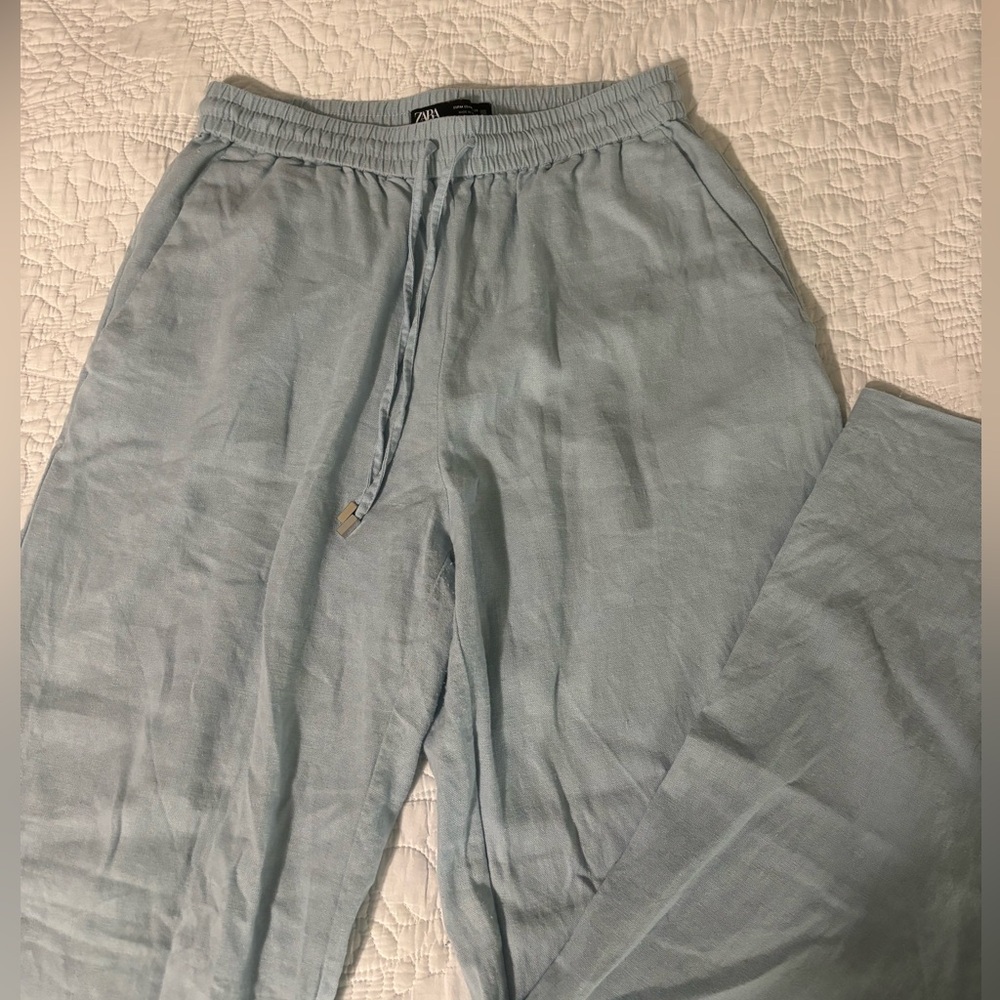 Zara baby blue linen drawstring pants